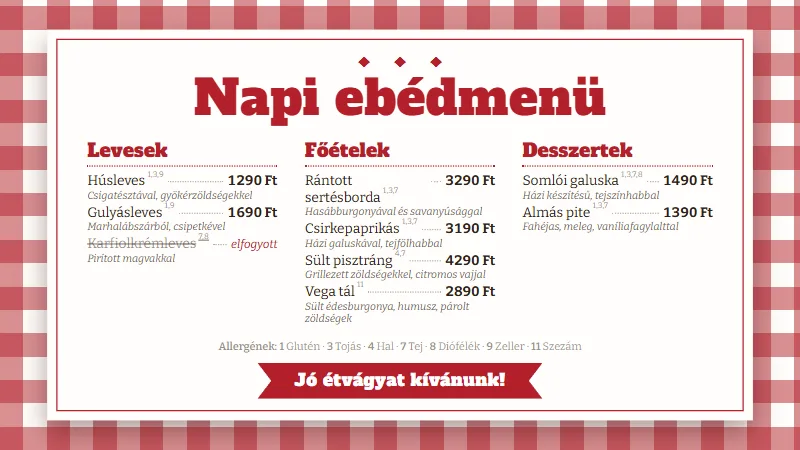 Étlap Kockás abrosz designnal