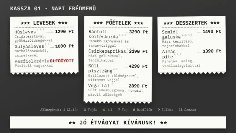 Étlap Pénztárblokk designnal