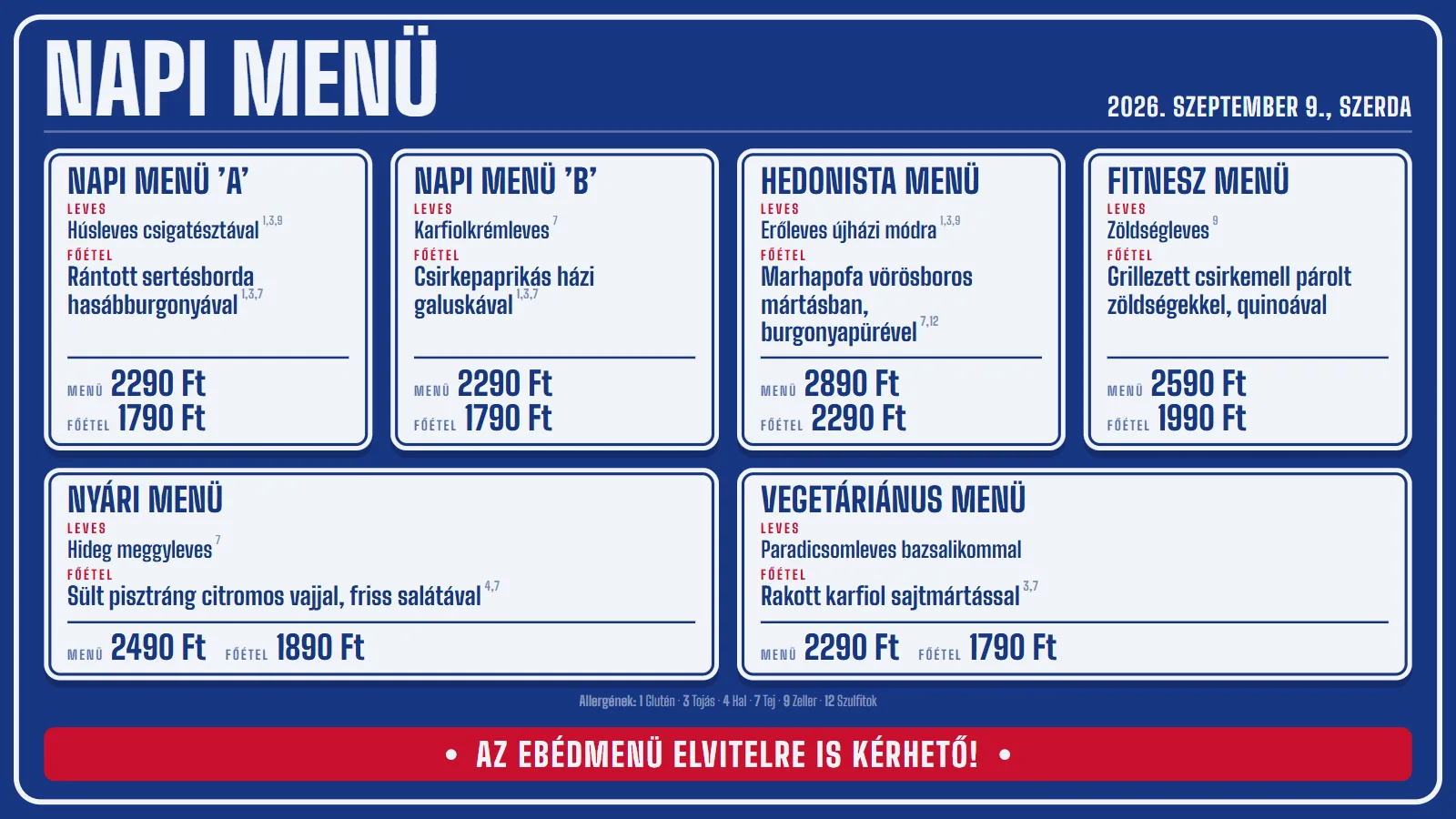 Ugyanez a napi menü Zománctábla designnal: kék tábla, fehér kártyák