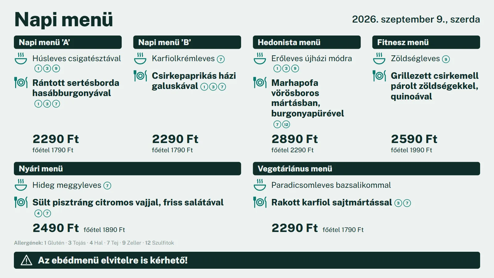 Napi menü Piktogram designnal: tál ikon a levesnél, tányér a főételnél, két ár