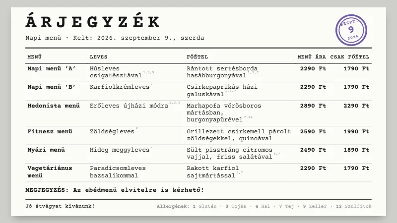 Árjegyzék design
